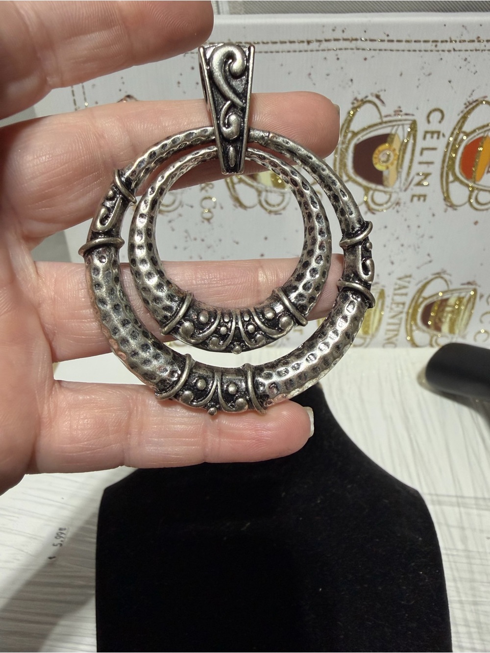 Silver Tone Hammered Double Circle Statement Pendant